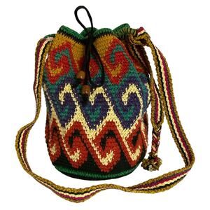 Boho Multicolor Woven Bucket Bag Crossbody Drawstring Ethnic Artisan Style